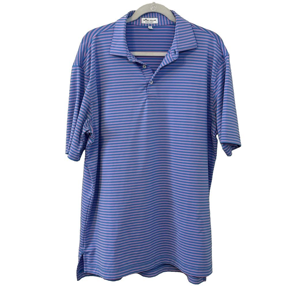 Peter Millar Men's Performance Stretch Polo Shirt Blue/Pink/White Stripe • XL